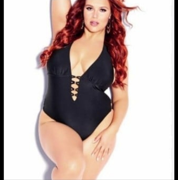 NWT City Chic CCX Gidget 1pc. WOMENS SZ 20 Black Swimsuit halter Plunge LOW back - Picture 1 of 11